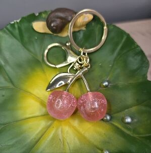 Gold Cherry Keychain Bag Charm - Pink Cherry, NEW